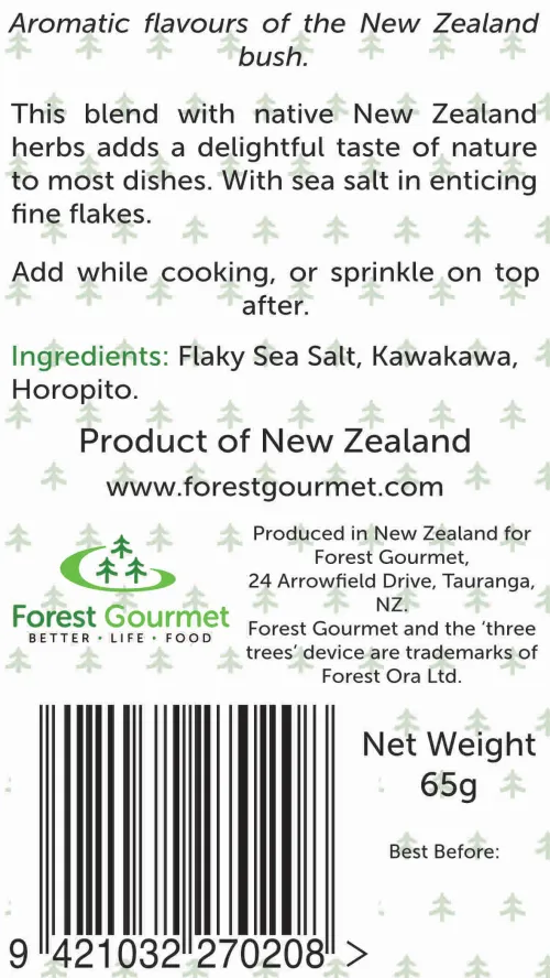 back label of Bush Herb Mix - with Horopito, Kawakawa, and flaky sea salt